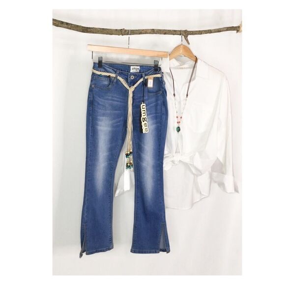 𝅺stone Washed Cropped 5 Pocket Stretch Kick Flare Jean - Picture 1 of 10